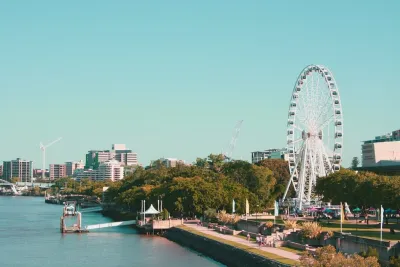 Brisbane South Bank and river with city skyline, where tap water is treated by Seqwater and distributed by Urban Utilities