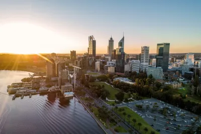 Perth city skyline viewed across the Swan River, representing the city's safe but variable tap water quality