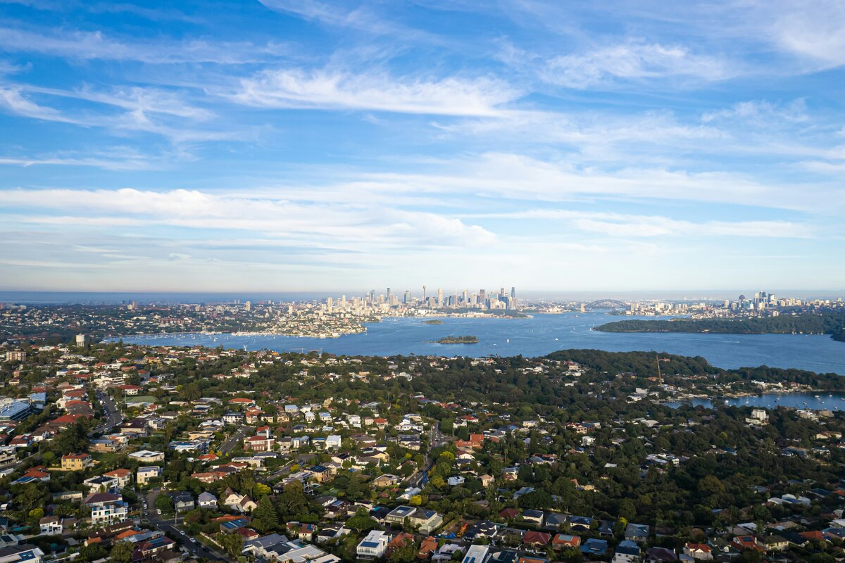 Aerial view over Vaucluse, one of Sydney's wealthiest suburbs, towards Sydney Harbour and the city, used for a rich vs poor suburbs tap water comparison