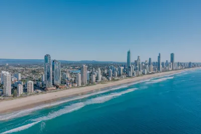 Aerial view of the Surfers Paradise skyline and beach on the Gold Coast, a city whose tap water hardness is among the softest in Australia at 35 to 45 mg/L
