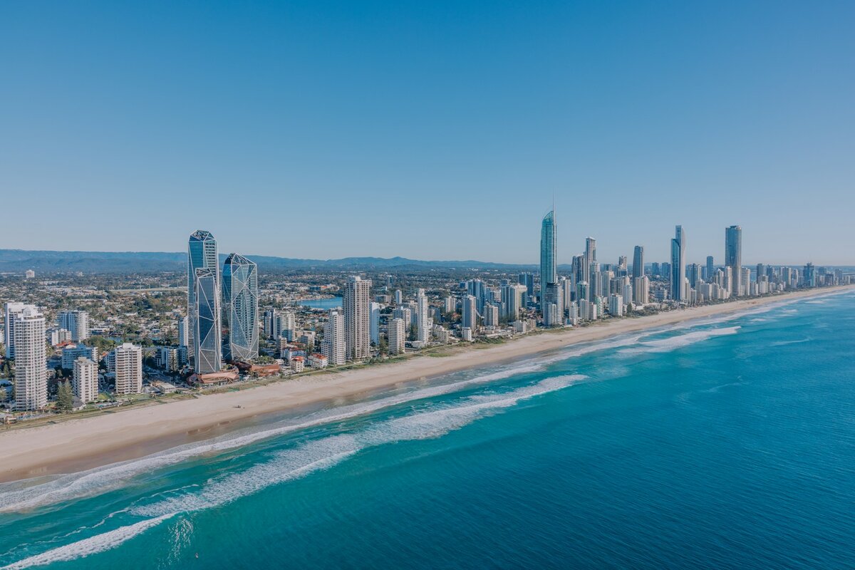 Aerial view of the Surfers Paradise skyline and beach on the Gold Coast, a city whose tap water hardness is among the softest in Australia at 35 to 45 mg/L