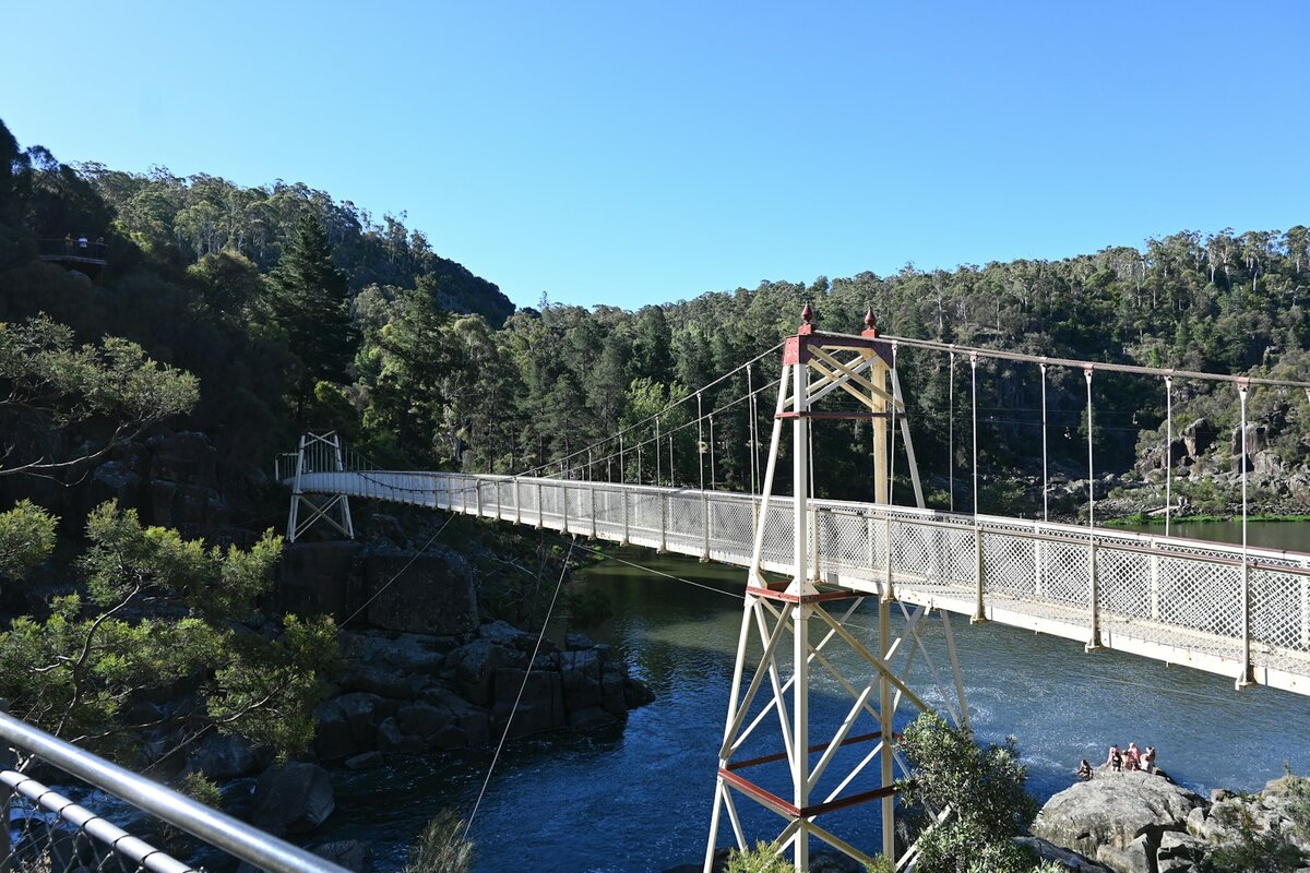 Alexandra Suspension Bridge over the South Esk River at Cataract Gorge in Launceston, the river that feeds Lake Trevallyn and the city's harder supply zones
