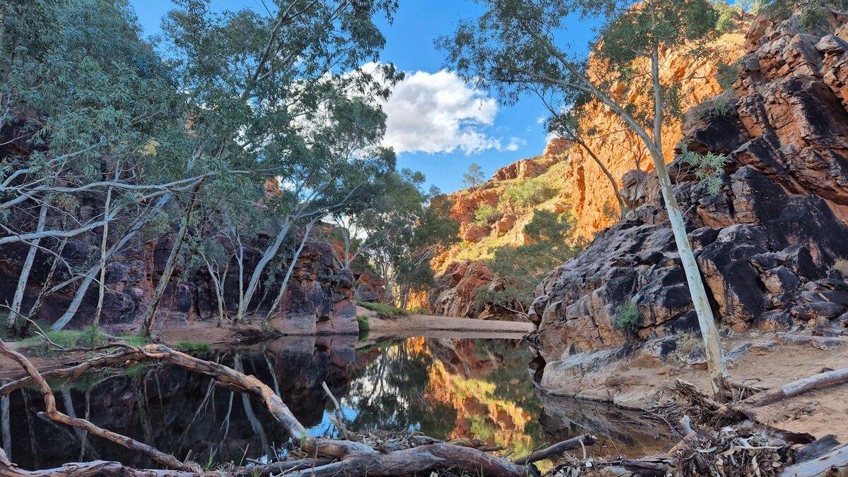 Waterhole below red rock cliffs in the MacDonnell Ranges near Alice Springs, where deep aquifers give the town some of Australia's hardest tap water