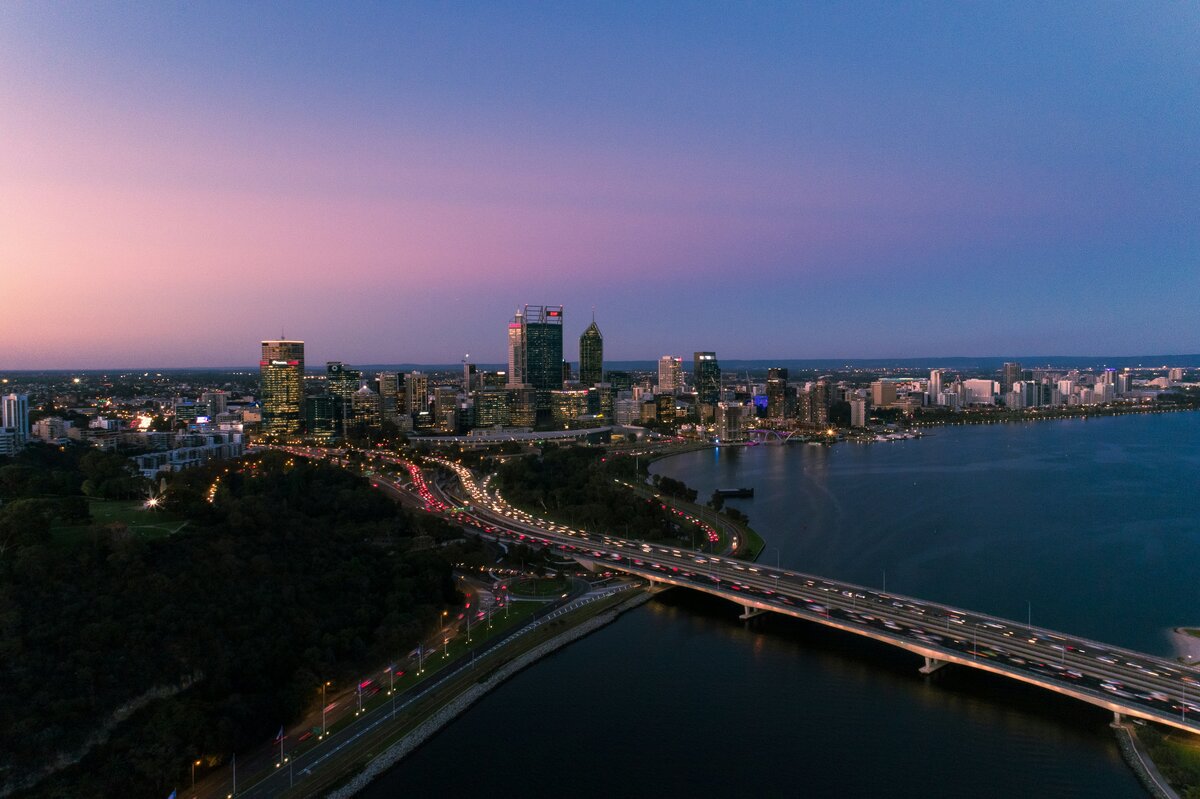 View of Perth city skyline from Kings Park at dusk, overlooking a city where water hardness varies from soft in the hills to very hard in northern suburbs